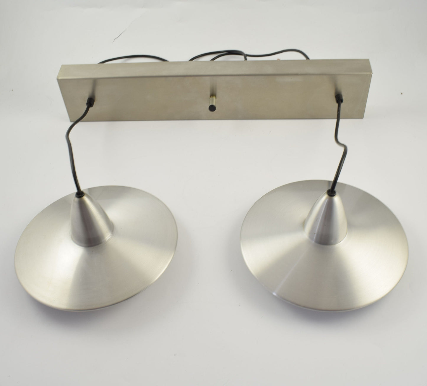 Two Aluminum hanging lamps, plus metal bar, in the shape of an ufo from dutch design company Hala.