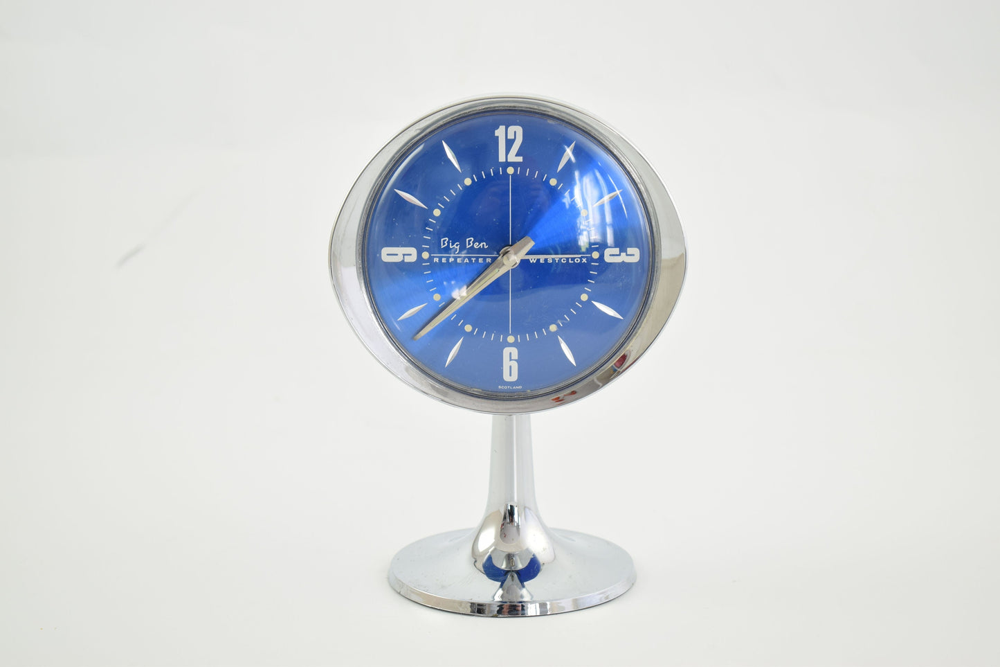 Westclox blue Big Ben Alarm Oval clock on tall pedestal with round base.