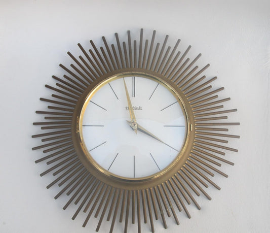 Reloj de pared Hilbink de mediados de siglo con rayos de sol, reloj Bras de cobre de la década de 1960