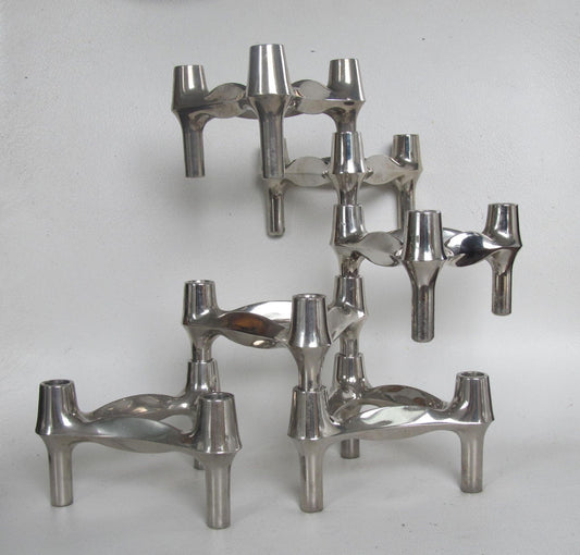 candle holders designed by Ceasar Stoffi and Fritz Nagel and manufactured by BMF (Bayerische Metallwaren Fabrik) Set of Six & stackable