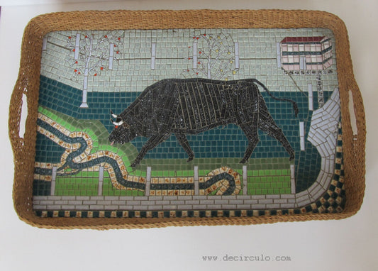 Large bull vintage Spanish mosaic tray